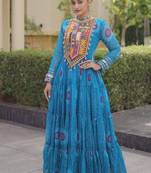faux georgette bandhani printed gown with kutchi patch work  12 meter flair full sleeves festive ethnic gown 