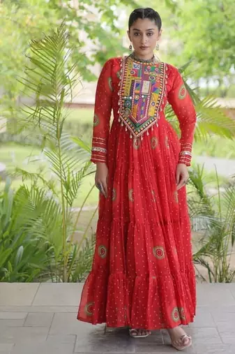 faux georgette bandhani printed gown with kutchi patch work  12 meter flair full sleeves festive ethnic gown 