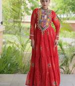faux georgette bandhani printed gown with kutchi patch work  12 meter flair full sleeves festive ethnic gown 