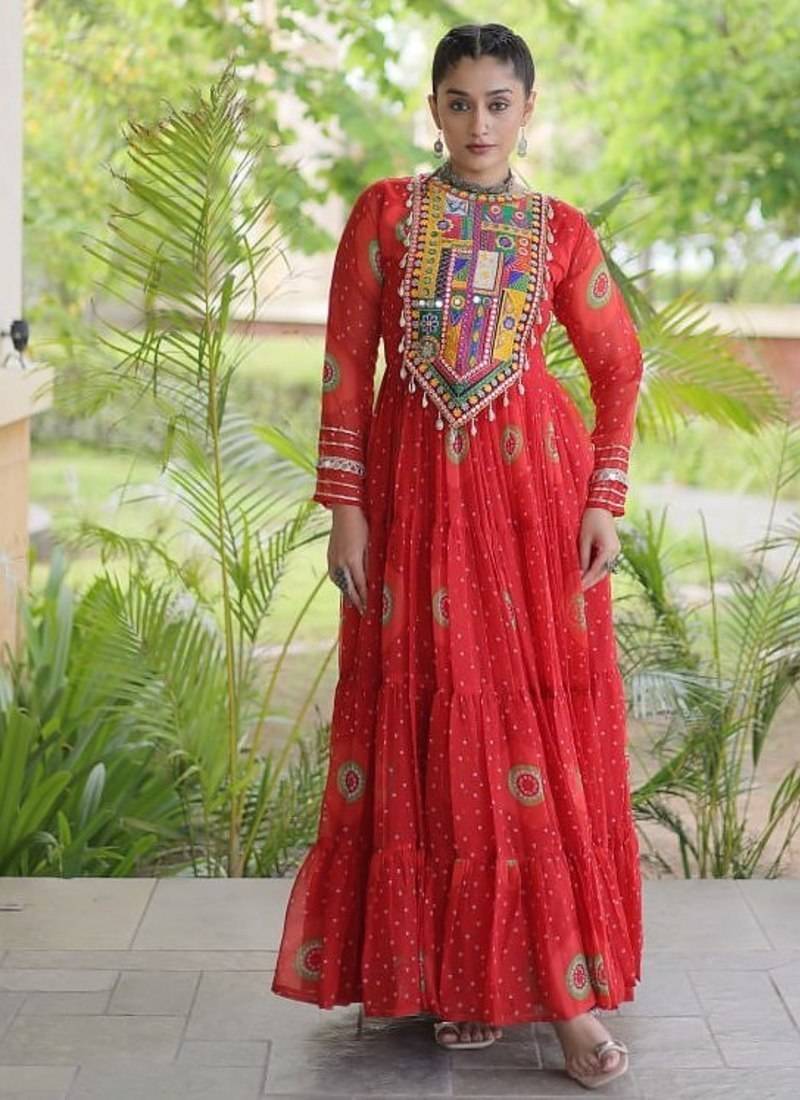 faux georgette bandhani printed gown with kutchi patch work  12 meter flair full sleeves festive ethnic gown 