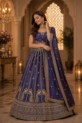 Royal Blue color Sequins and Zari Embroidery and Thread work silk blend Lehenga Choli set