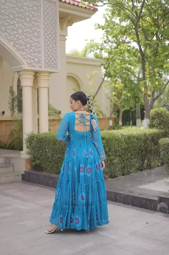 faux georgette bandhani printed gown with kutchi patch work  12 meter flair full sleeves festive ethnic gown 