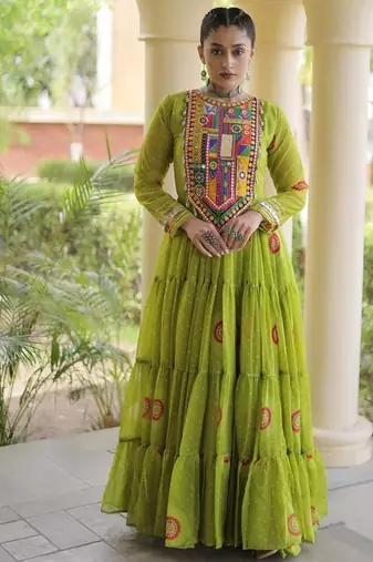 faux georgette bandhani printed gown with kutchi patch work  12 meter flair full sleeves festive ethnic gown 