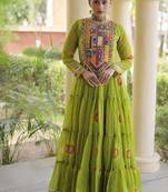faux georgette bandhani printed gown with kutchi patch work  12 meter flair full sleeves festive ethnic gown 