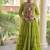 faux georgette bandhani printed gown with kutchi patch work  12 meter flair full sleeves festive ethnic gown 