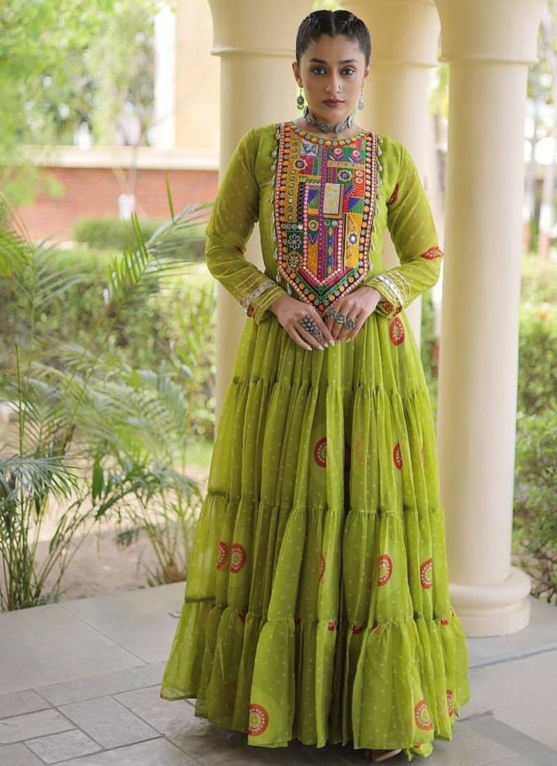 faux georgette bandhani printed gown with kutchi patch work  12 meter flair full sleeves festive ethnic gown 