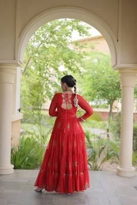 faux georgette bandhani printed gown with kutchi patch work  12 meter flair full sleeves festive ethnic gown  2