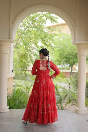 faux georgette bandhani printed gown with kutchi patch work  12 meter flair full sleeves festive ethnic gown 