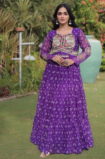 faux georgette bandhani print gown with kutchi patch work  12 meter flair full sleeves navratri festive gown 