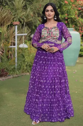 faux georgette bandhani print gown with kutchi patch work  12 meter flair full sleeves navratri festive gown 