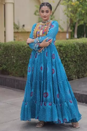 faux georgette bandhani printed gown with kutchi patch work  12 meter flair full sleeves festive ethnic gown 
