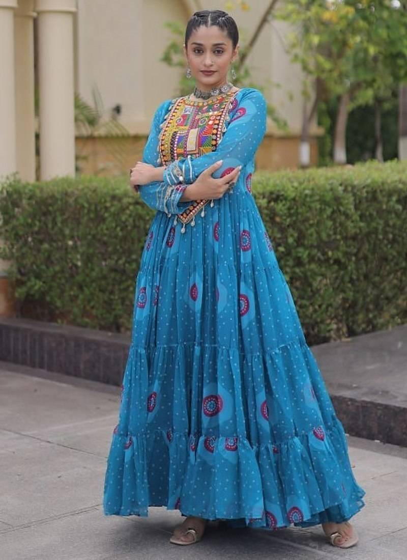 faux georgette bandhani printed gown with kutchi patch work  12 meter flair full sleeves festive ethnic gown 