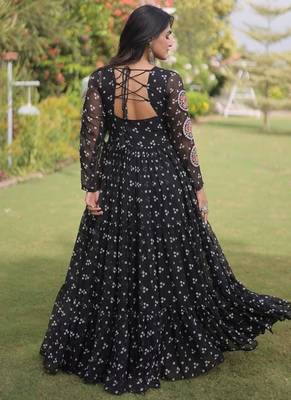 faux georgette bandhani print gown with kutchi patch work  12 meter flair full sleeves navratri festive gown  2