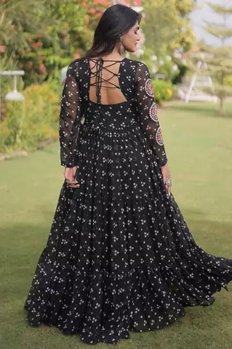 faux georgette bandhani print gown with kutchi patch work  12 meter flair full sleeves navratri festive gown 