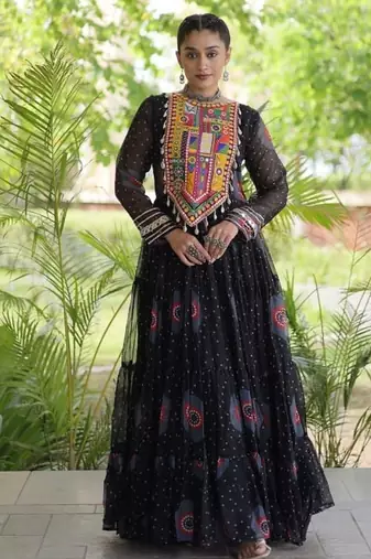 faux georgette bandhani printed gown with kutchi patch work  12 meter flair full sleeves festive ethnic gown 