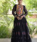 faux georgette bandhani printed gown with kutchi patch work  12 meter flair full sleeves festive ethnic gown 