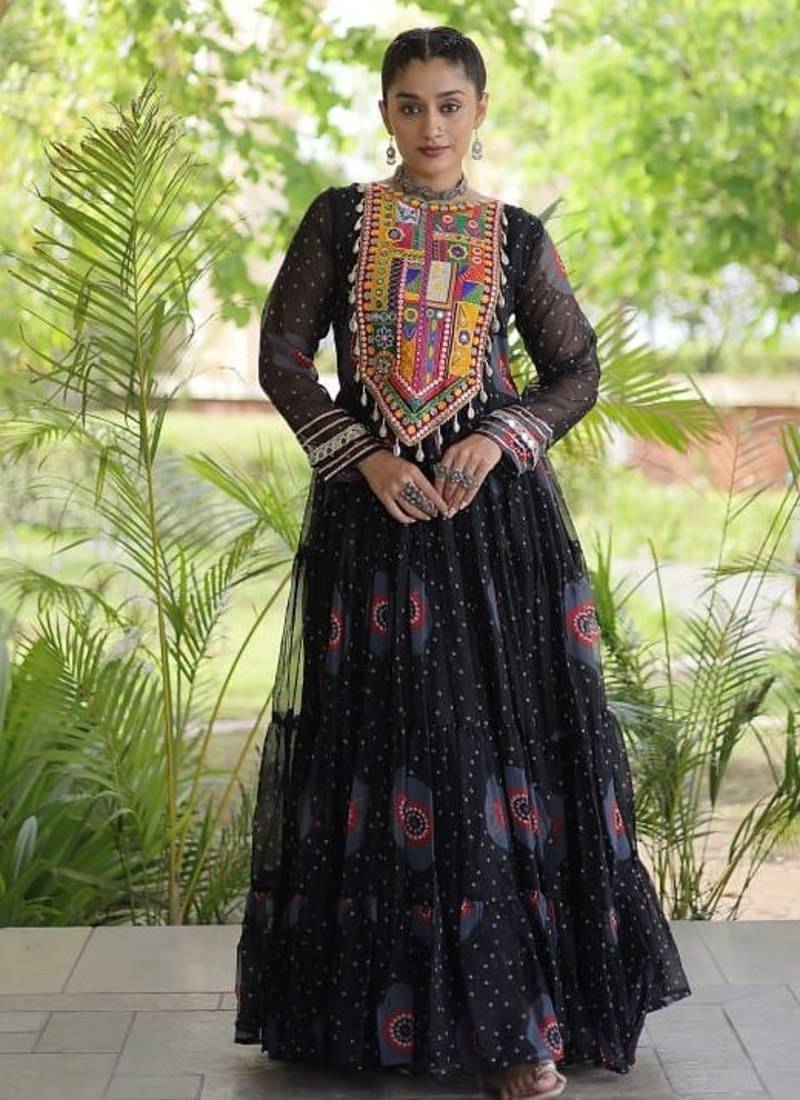 faux georgette bandhani printed gown with kutchi patch work  12 meter flair full sleeves festive ethnic gown 