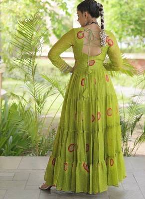 faux georgette bandhani printed gown with kutchi patch work  12 meter flair full sleeves festive ethnic gown  2