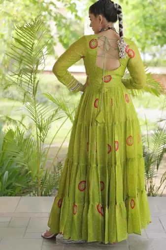 faux georgette bandhani printed gown with kutchi patch work  12 meter flair full sleeves festive ethnic gown 