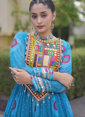 faux georgette bandhani printed gown with kutchi patch work  12 meter flair full sleeves festive ethnic gown  4