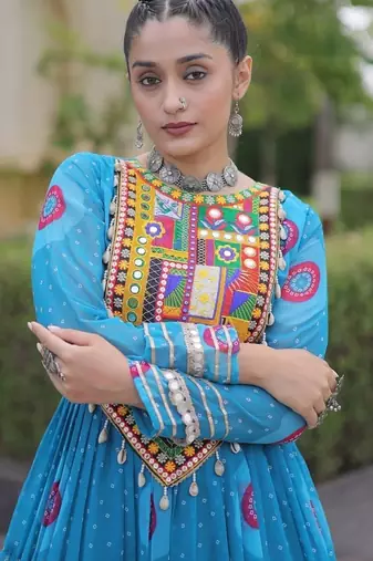 faux georgette bandhani printed gown with kutchi patch work  12 meter flair full sleeves festive ethnic gown 