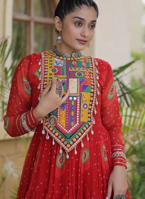 faux georgette bandhani printed gown with kutchi patch work  12 meter flair full sleeves festive ethnic gown  4