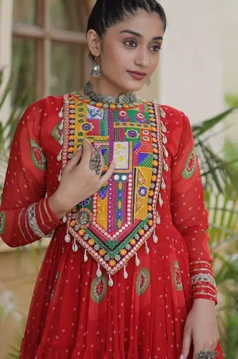 faux georgette bandhani printed gown with kutchi patch work  12 meter flair full sleeves festive ethnic gown 