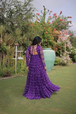faux georgette bandhani print gown with kutchi patch work  12 meter flair full sleeves navratri festive gown  2
