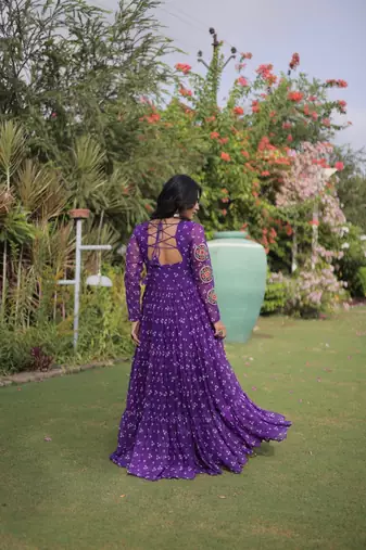 faux georgette bandhani print gown with kutchi patch work  12 meter flair full sleeves navratri festive gown 