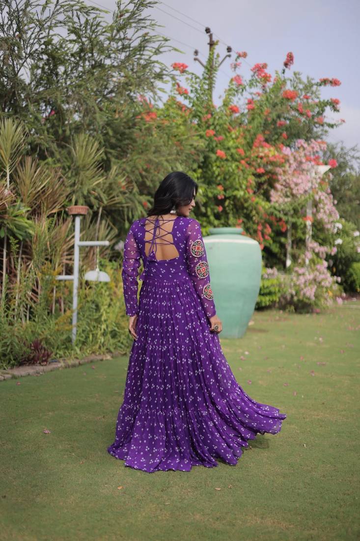 faux georgette bandhani print gown with kutchi patch work  12 meter flair full sleeves navratri festive gown 