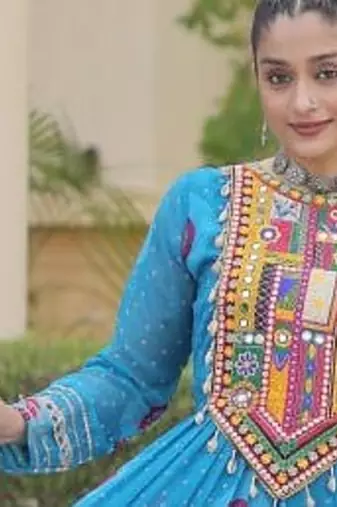 faux georgette bandhani printed gown with kutchi patch work  12 meter flair full sleeves festive ethnic gown 