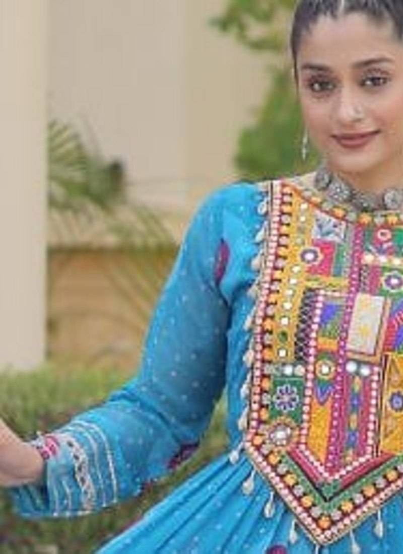 faux georgette bandhani printed gown with kutchi patch work  12 meter flair full sleeves festive ethnic gown 