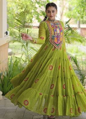 faux georgette bandhani printed gown with kutchi patch work  12 meter flair full sleeves festive ethnic gown  3