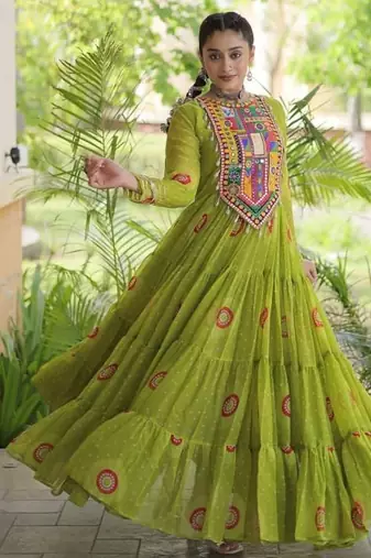 faux georgette bandhani printed gown with kutchi patch work  12 meter flair full sleeves festive ethnic gown 