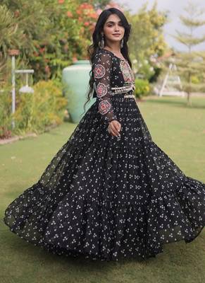 faux georgette bandhani print gown with kutchi patch work  12 meter flair full sleeves navratri festive gown  3