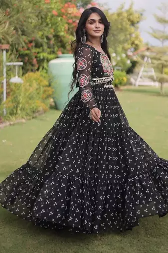 faux georgette bandhani print gown with kutchi patch work  12 meter flair full sleeves navratri festive gown 