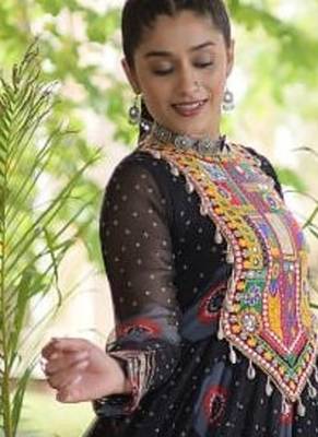 faux georgette bandhani printed gown with kutchi patch work  12 meter flair full sleeves festive ethnic gown  3