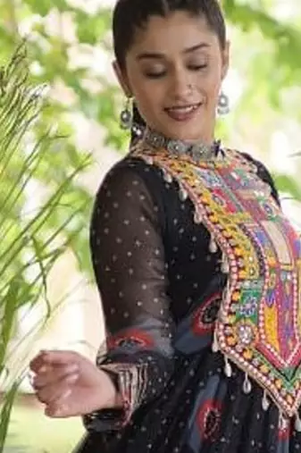 faux georgette bandhani printed gown with kutchi patch work  12 meter flair full sleeves festive ethnic gown 