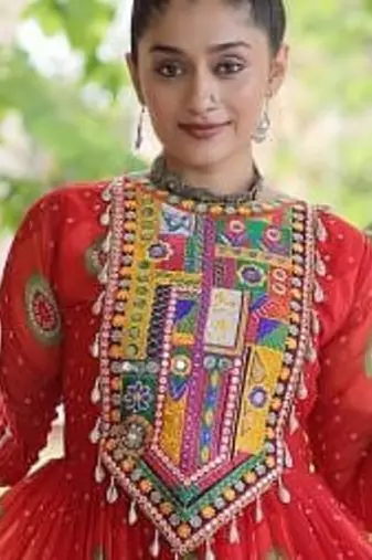 faux georgette bandhani printed gown with kutchi patch work  12 meter flair full sleeves festive ethnic gown 