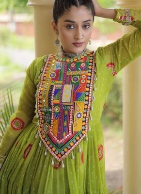 faux georgette bandhani printed gown with kutchi patch work  12 meter flair full sleeves festive ethnic gown  4
