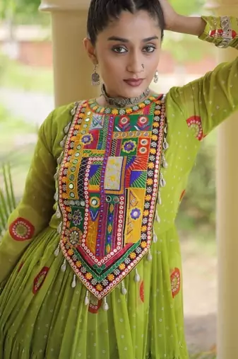 faux georgette bandhani printed gown with kutchi patch work  12 meter flair full sleeves festive ethnic gown 