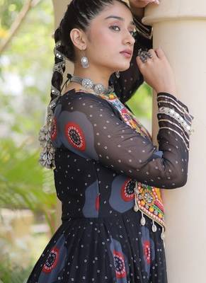 faux georgette bandhani printed gown with kutchi patch work  12 meter flair full sleeves festive ethnic gown  4