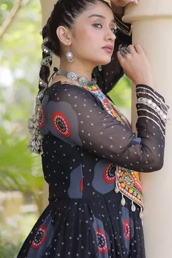 faux georgette bandhani printed gown with kutchi patch work  12 meter flair full sleeves festive ethnic gown 