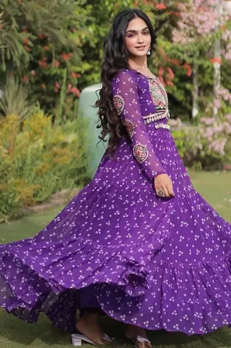 faux georgette bandhani print gown with kutchi patch work  12 meter flair full sleeves navratri festive gown 