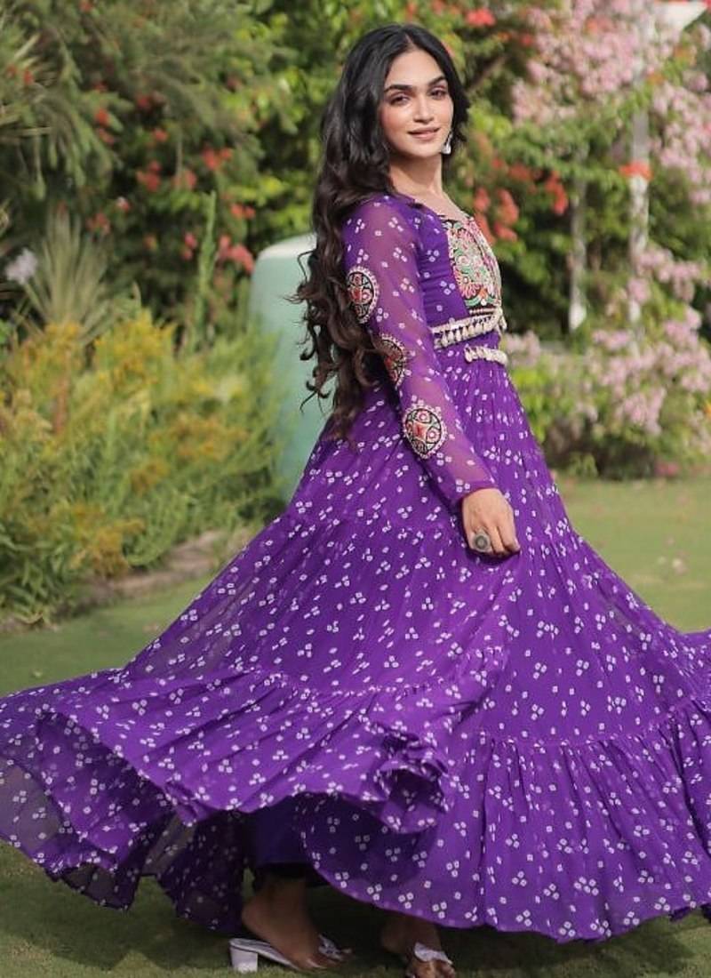 faux georgette bandhani print gown with kutchi patch work  12 meter flair full sleeves navratri festive gown 