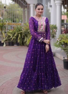 faux georgette laheriya printed gown with kutchi patch work  12 meter flair full sleeves festive ethnic gown  1
