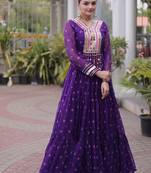 faux georgette laheriya printed gown with kutchi patch work  12 meter flair full sleeves festive ethnic gown 