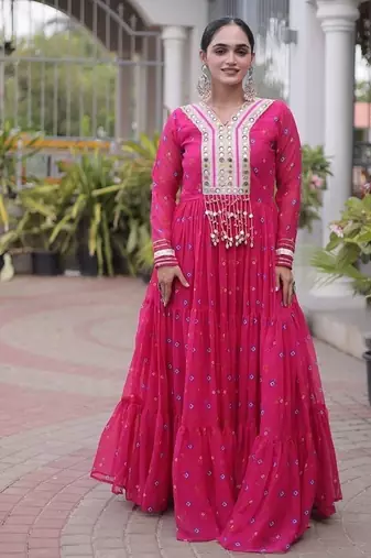 faux georgette laheriya printed gown with kutchi patch work  12 meter flair full sleeves festive ethnic gown 