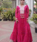 faux georgette laheriya printed gown with kutchi patch work  12 meter flair full sleeves festive ethnic gown 