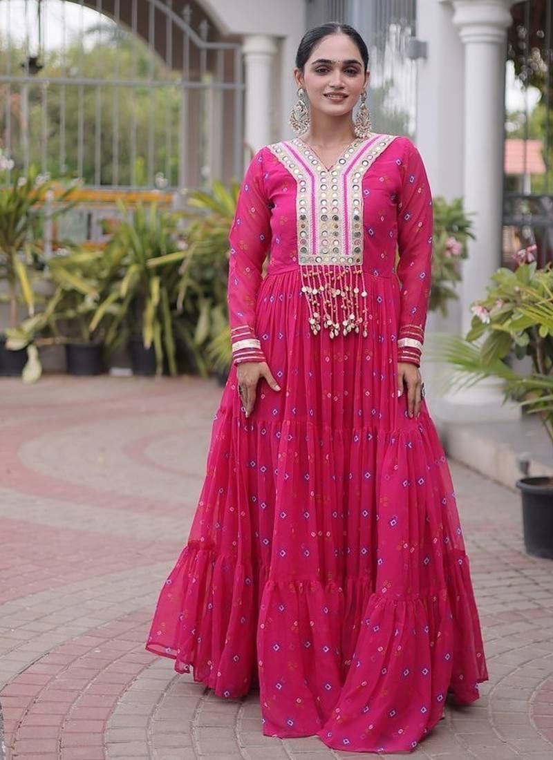faux georgette laheriya printed gown with kutchi patch work  12 meter flair full sleeves festive ethnic gown 
